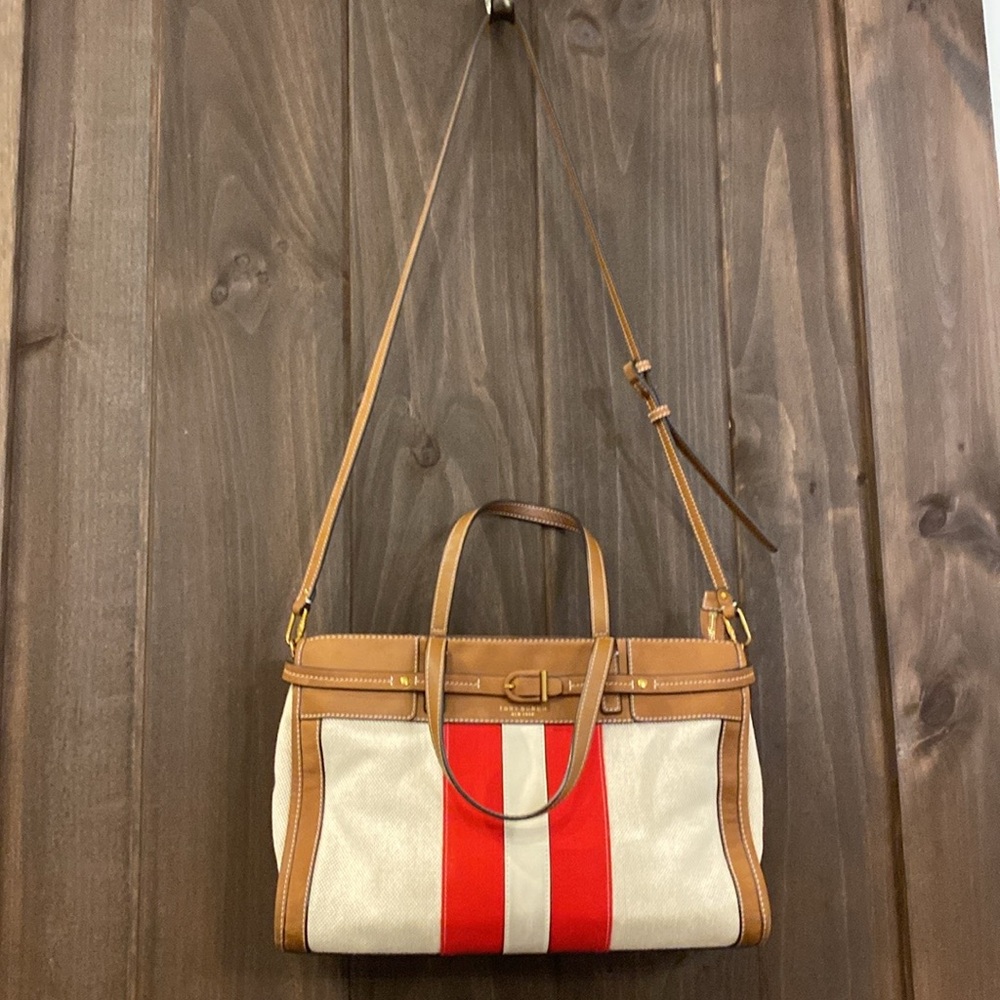 Tory Burch Canvas & Suede Center Stripe Satchel in Natural New Ivory Nut - Picture 2 of 16
